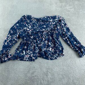 Modlusive Womens Floral Print Long Sleeve Blouse 1X Blue Pink Polyester 0898